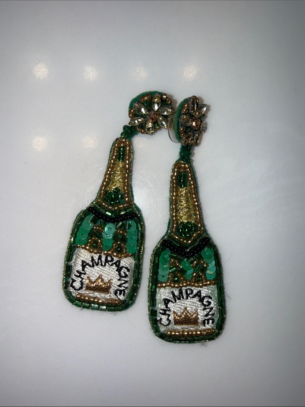 Beaded Green Champagne Bottle Dangle Earrings